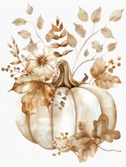 Watercolor beautiful white pumpkin on White background.