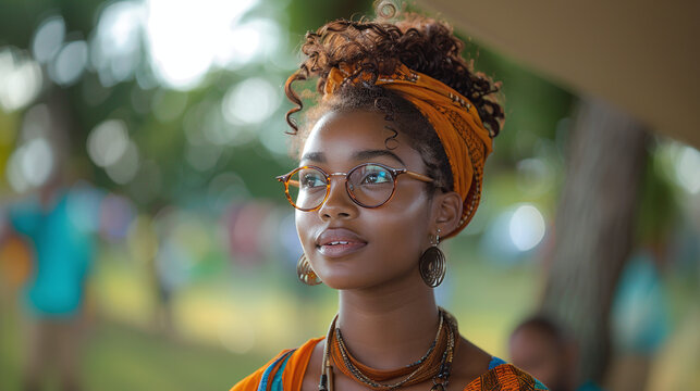 portrait of  a young African American woman reading the Emancipation Proclamation at a Juneteenth community gathering