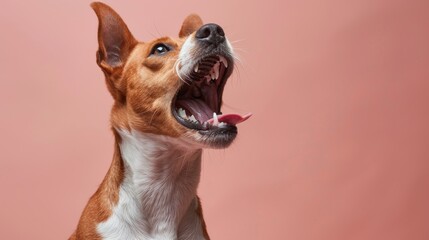 Basenji, angry dog baring its teeth, studio lighting pastel background