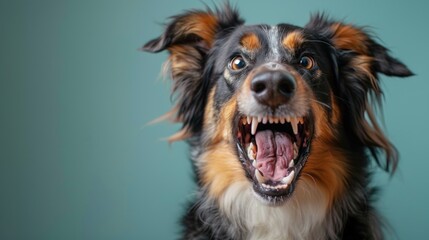 Fototapeta premium Australian Shepherd, angry dog baring its teeth, studio lighting pastel background
