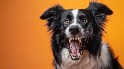 Border Collie, angry dog baring its teeth, studio lighting pastel background