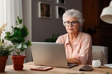 An elderly woman wearing glasses focuses attentively on a laptop screen while working from her home office. Senior Woman Concentrating on Laptop at Home