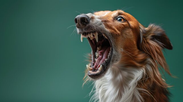Borzoi, angry dog baring its teeth, studio lighting pastel background