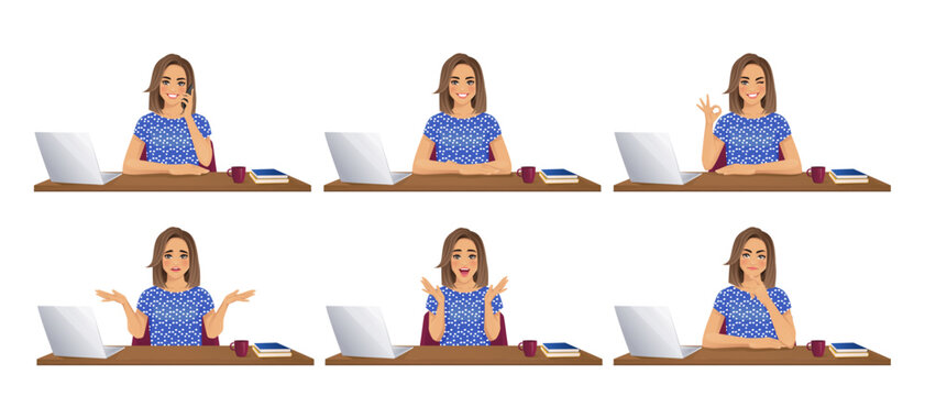 Naklejki Beautiful business woman wearing bright clothes using laptop computer sitting at the desk in different poses set isolated vector illustration