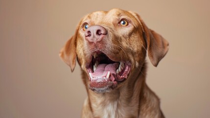 Chesapeake Bay Retriever, angry dog baring its teeth, studio lighting pastel background