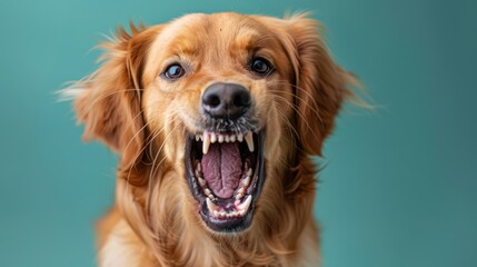 Golden Retriever, angry dog baring its teeth, studio lighting pastel background