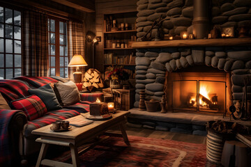 living room fireplace stone wall cabin, stone wall cabin iving room bonfire, fireplace in livingroom stone wall house cozy  vibe int6erior