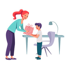 Illustration of a Giving a Gift mother and son in different background