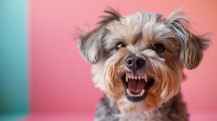 Havanese, angry dog baring its teeth, studio lighting pastel background