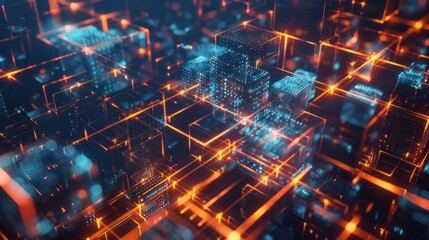 Fototapeta premium futuristic cityscape with shining holographic blocks, Abstract Cube Background