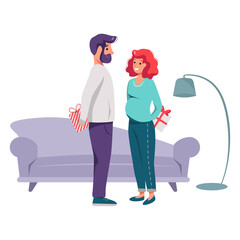 Illustration of a Giving a Gift of man and pregnant woman, Wife and husband in different background