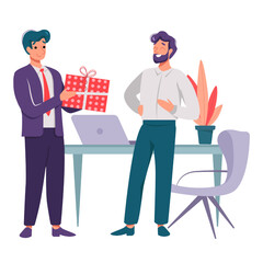 Illustration of a Giving a Gift boss and employee two men in different background