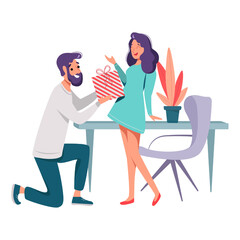 Illustration of a Giving a Gift of man and woman, Wife and husband in different background