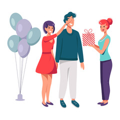 Illustration of a Giving a Gift two women and man friends in different background