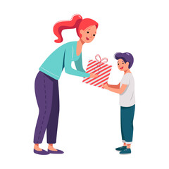 Illustration of a Giving a Gift mother and son in white background