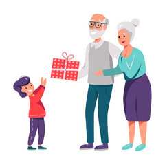 Illustration of a Giving a Gift boy and grandmother and grandfather in white background