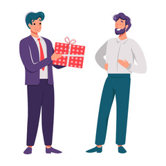 Illustration of a Giving a Gift boss and employee two men in white background