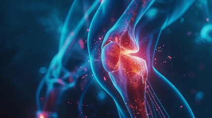 3D visual concept of human knee pain, showing stressed ligaments and tendons in a medical context