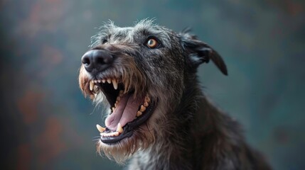 Irish Wolfhound, angry dog baring its teeth, studio lighting pastel background