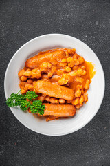 beans tomato sauce sausages fresh cooking meal food snack on the table copy space food background rustic