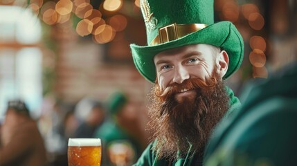 St patricks day dj party. irish man with styled beard celebrating, festive music event concept