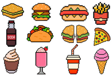 Fast food pixel art set of icons, fast restaurant pixelated elements burger, hot dog, taco, pizza, coffee, soda. Vintage game assets 8-bit sprite. 