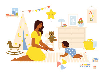 Mother playing with her little child in kid’s room with toys. Cozy kid’s bedroom. Flat vector illustration
