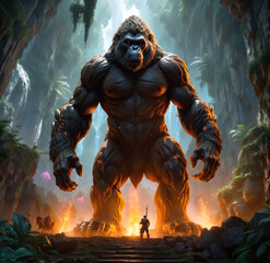 A huge gorilla stands in the jungle