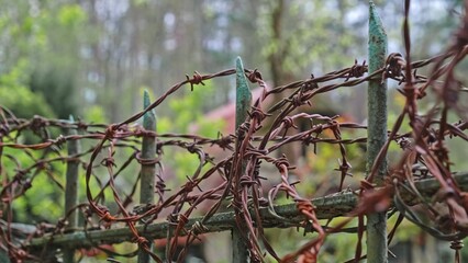 Old Pike Fence with Rusty Sharp Barbed Wire Tangled Around Metal Bars