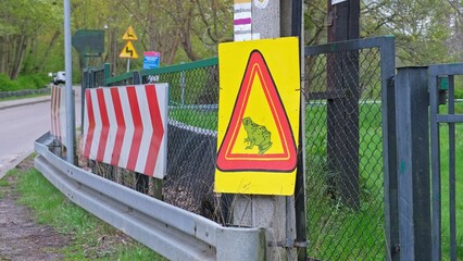 Road Sign Warning About Wildlife Reptile Amphibian Crossing Road during During Breeding Season