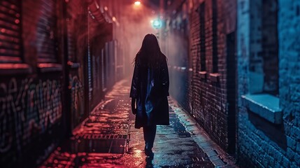 A person walking down a dimly lit alley at night, surrounded by shadows and mystery