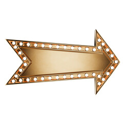 Retro signboard pointer, arrow. Gold advertising sign with light bulbs in retro style. Place for text in a retro advertising sign with light bulbs.