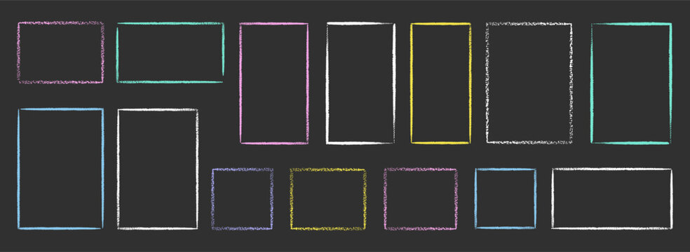 Set of colorful hand drawn grunge doodle charcoal, pencil, chalk square, rectangle border frames. Vector illustration template border for website, banner, app, poster, background, card, bullet journal