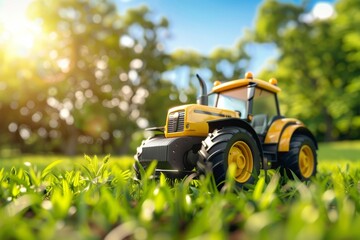Obraz premium Yellow Toy Tractor on a Grassy Field - Farming Agricultural Theme