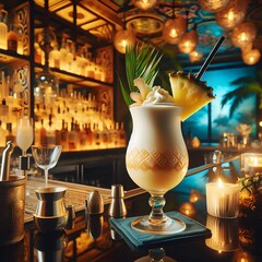 Piña Colada Cocktail in a luxury night bar. Drink, beverage and mixology concept.