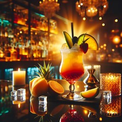 Tequila Sunrise Cocktail in a luxury night bar. Drink, beverage and mixology concept