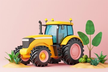 Yellow Toy Tractor on a Grassy Field - Farming Agricultural Theme
