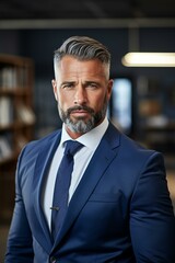 A handsome man in a blue suit and tie