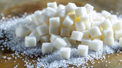 Sugar cubes on a wooden table.