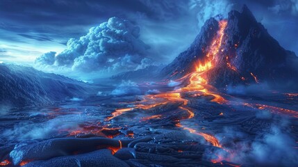 Lava Flowing Down a Mountainside During a Volcanic Eruption