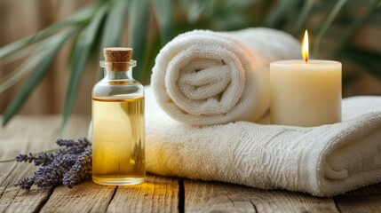 Spa composition with aroma oil, candle and towels on wooden background