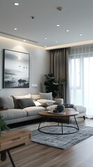 Fototapeta premium Modern living room interior with grey sofa, coffee table, plants and large painting