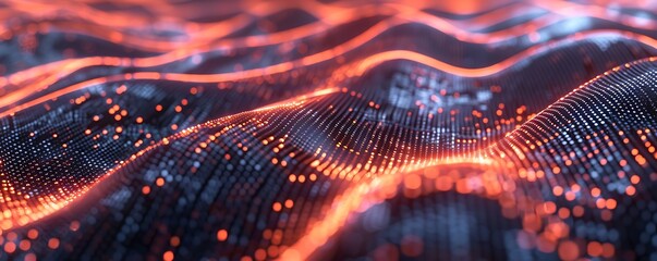 A vibrant display of red and blue geometric shapes forming a pattern, with a wave-like motion.