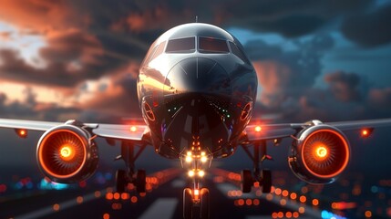 Fototapeta premium Digital twin concept illustrated with an airplane fused with microchip circuitry and accentuated by neon light elements