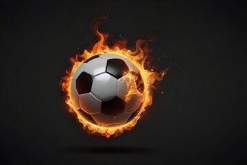 Isolated soccer ball surrounded by flames on a dark background.A burning soccer ball is seen against a dark background.

