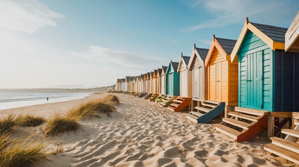 Row of colorful beach huts on sandy beach. Pastel colored wooden beach cabins. Summer vacation at the seaside