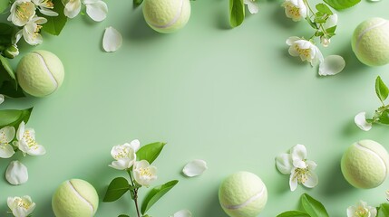 Tennis ball and pretty flowers, copy Green banner background with space,テニスボールと可愛い花、コピー スペースのある緑のバナーの背景,Generative AI