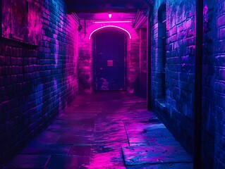 A dark alleyway with purple and pink lights.