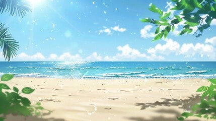 A radiant beach setting, with sand speckled with light, palm leaves softly swaying, and the glittering ocean in the background