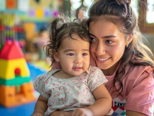 Obraz premium Toddler smiling while sitting in a young woman's arms